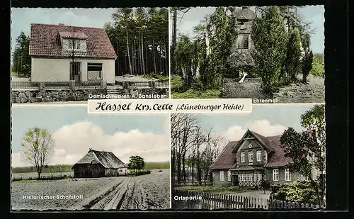 AK Hassel, Kr. Celle (Lüneburger Heide), Ehrenmal, Ortspartie, Historischer Schafstall