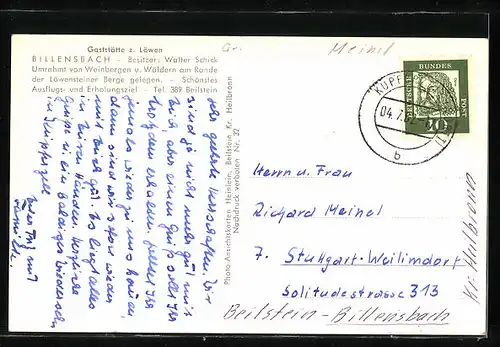 AK Billensbach, Panorama & Gaststätte z. Löwen v. Walter Schick