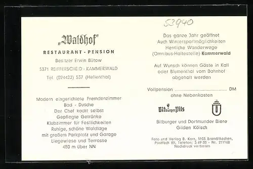 AK Reifferscheid-Kammerwald (Eifel), Restaurant-Pension Waldhof, Innenansicht