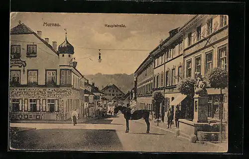 AK Murnau, Hauptstrasse mit Brunnen