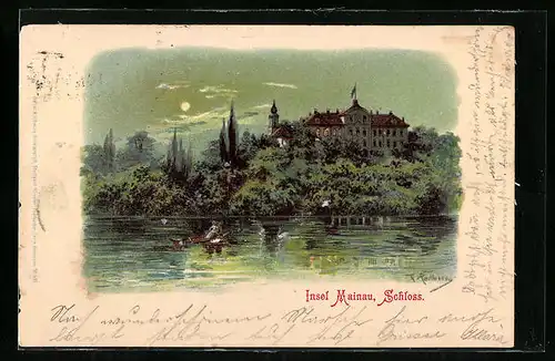 Lithographie Insel Mainau, Seepartie mit Teilansicht vom Schloss bei Vollmond