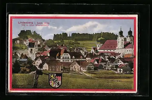 AK Lindenberg i. bayr. Allg., Ortsansicht mit Blick auf die Kirche, Wappen