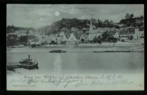 Mondschein-AK Wehlen /Sächs. Schweiz, Ortsansicht im Vollmondlicht