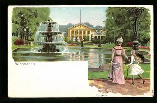 AK Wiesbaden, Kurhaus mit Park und Springbrunnen