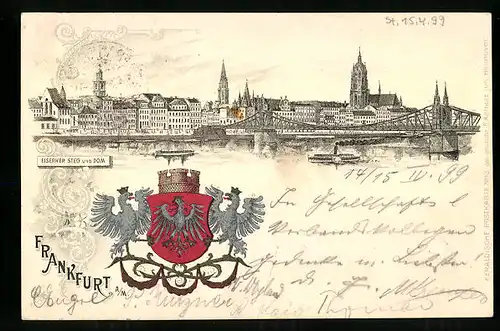 Lithographie Frankfurt a. M., Teilansicht mit Brücke, Wappen