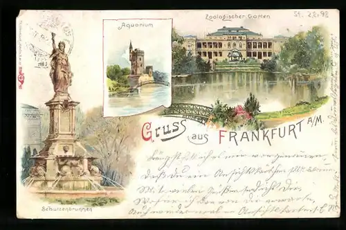 Lithographie Frankfurt-Ostend, Aquarium, Zoologischer Garten, Schützenbrunnen