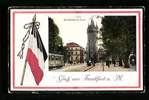 AK Frankfurt a. M., Eschenheimer Turm mit Reichsflagge