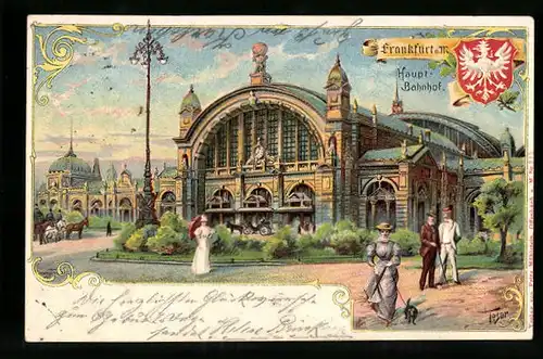 Künstler-Lithographie Frankfurt, Hauptbahnhof mit Passanten, Pferdekutsche