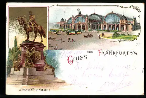 Lithographie Frankfurt, Hauptbahnhof, Denkmal Kaiser Wilhelm I.