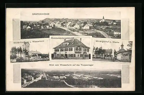 AK Grafenwöhr, Generalansicht, Kommandanturgebäude, Blick vom Wasserturm auf das Truppenlager, Militärgasthof und Wache