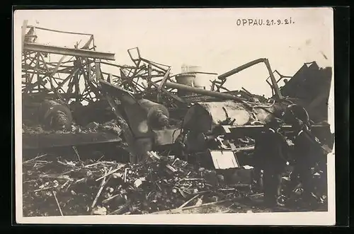 Foto-AK Oppau, Zerstörte Ortspartie nach Explosion 1921