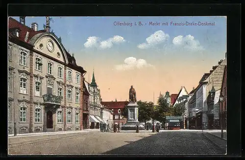 AK Offenburg i. B., Markt mit Franzis-Drake-Denkmal