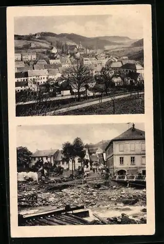 AK Bad Gottleuba, Brücke an der Schule vor und nach dem Unwetter 1927, Das Mollesche Haus ist ganz zerstört