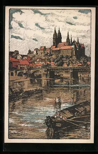 Steindruck-AK Meissen, Uferpartie mit Kirche