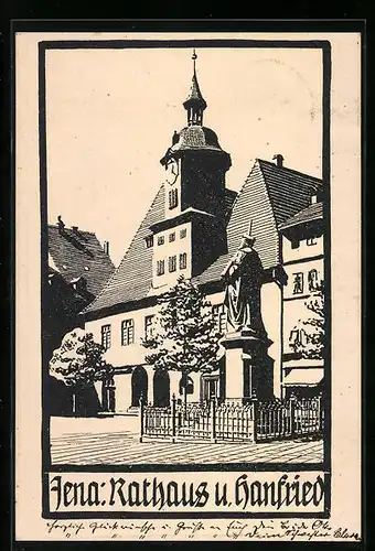 AK Jena, Partie am Rathaus mit Hanfried-Denkmal