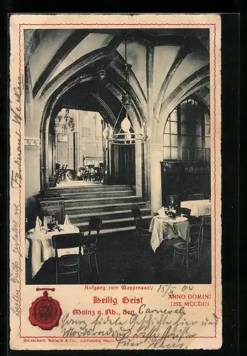 AK Mainz, Gasthaus Heilig Geist, Aufgang zum Wappensaal, Innenansicht