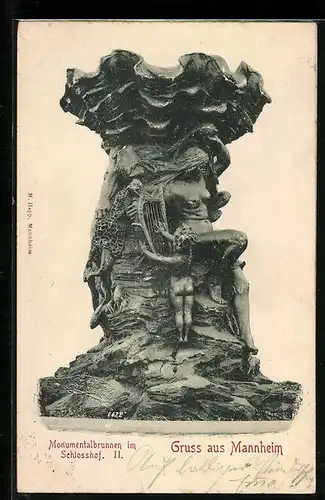 Relief-AK Mannheim, Monumentalbrunnen im Schlosshof