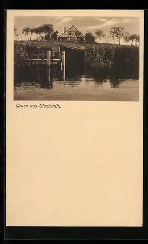 AK Stendenitz, Wasserpartie mit Blick auf ein Fachwerkhaus