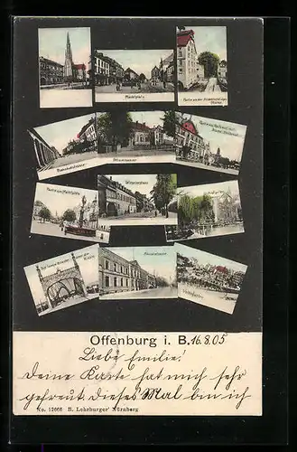 AK Offenburg i. B., Die lange Brücke über die Kinzig, Marktplatz und Bahnhofstrasse