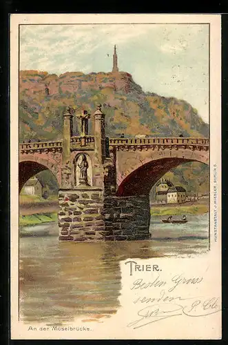 Lithographie Trier, Partie an der Moselbrücke