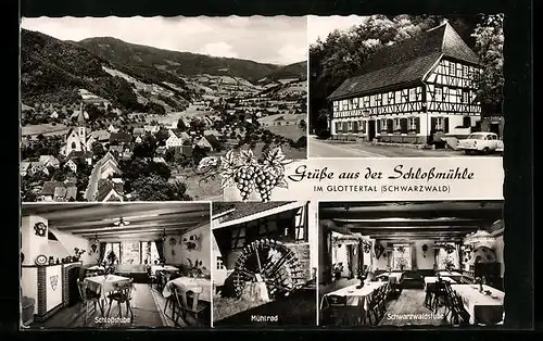 AK Glottertal, Gasthaus zur Schlossmühle mit Schlossstube, Mühlrad und Schwarzwaldstube