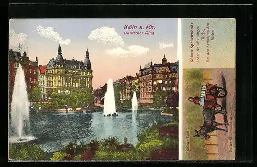 Lithographie Köln-Neustadt, Deutscher Ring, Poller Milchmädchen mit Eselgespann, Kölsches Sprichwort