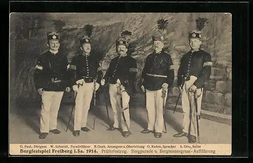 AK Freiberg, Bergfestspiel 1914, Prüferfestzug, Bergparade u. Bergmannsgruss-Aufführung