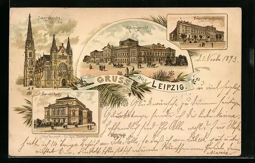 Vorläufer-Lithographie Leipzig, 1893, Konzerthaus, Reichsgericht, Universitätsbibliothek
