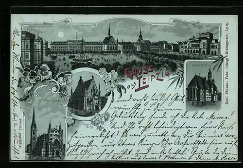 Lithographie Leipzig, Nicolai-Kirche, Thomas-Kirche, Peters-Kirche