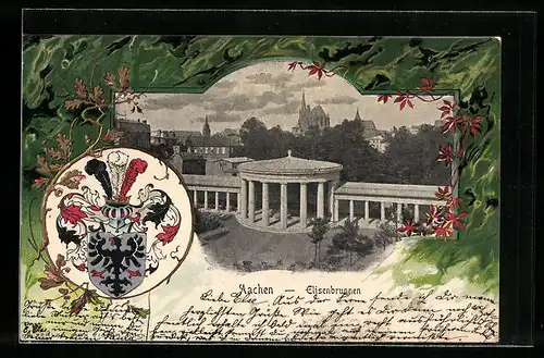Präge-AK Aachen, Elisenbrunnen, Wappen, Passepartout