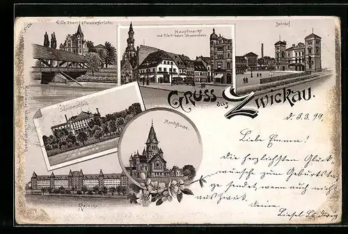 Lithographie Zwickau, Schwanenschloss, Hauptmarkt mit Strassenbahn, Bahnhof