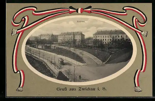 AK Zwickau i. S., Kaserne und Strassenpartie mit Strassenbahn, Passepartout