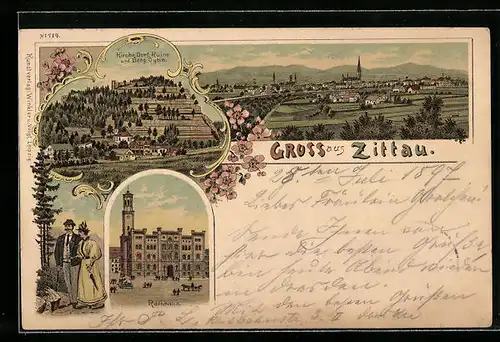 Lithographie Zittau, Rathaus, Totale des Ortes, Oybin, Ruine und Berg, Liebespaar