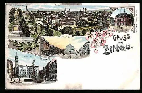 Lithographie Zittau, Totalansicht mit Marktplatz