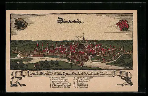 Steindruck-AK Dinkelsbühl, Panorama um 1663