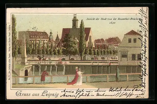Lithographie Leipzig, Ortsansicht von der Rosenthal-Brücke um 1830