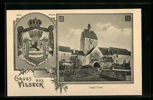AK Vilseck, Stadtwappen, Gartenpartie vor dem Vogel-Turm