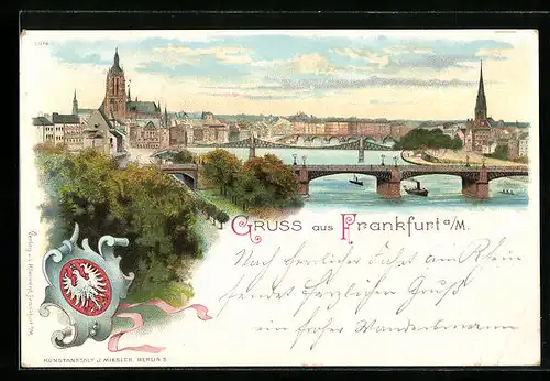 Lithographie Frankfurt a. M., Mainansicht mit Sachsenhausen, Wappen