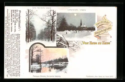 AK Leipzig, Lutherkirche, Pleissen-Brücke und Linie Connewitz-Leipzig im Schnee