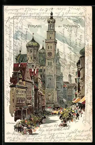Lithographie Augsburg, Perlach mit Rathaus