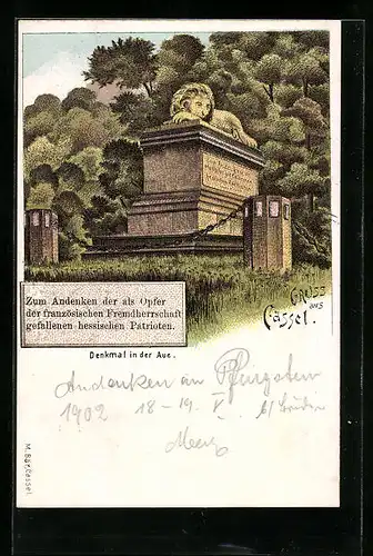 Lithographie Kassel, Denkmal in der Aue