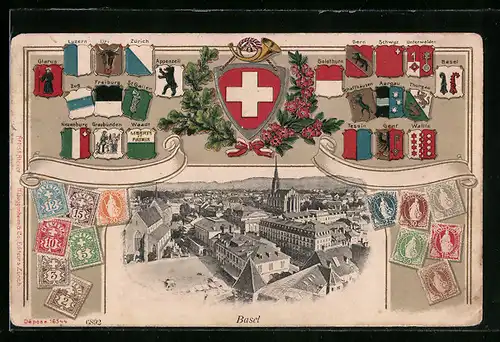 AK Basel, Stadtansicht, Briefmarken und Wappen der Kantone
