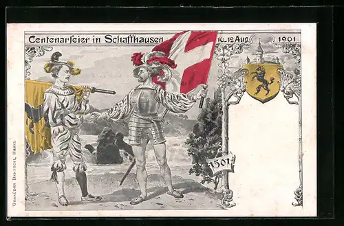 Künstler-AK Schaffhausen, Centenarfeier 1901, Landsknechte beim Handschlag