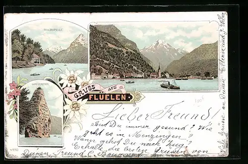 Lithographie Flüelen, Ortsansicht am Wasser, Tellskapelle