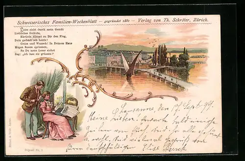 Lithographie Zürich, Edle Dame liest das Schweizerische Familien-Wochenblatt, Verlag von Th. Schröter, Abendstimmung