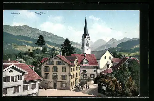 AK Nesslau, Dorfplatz mit Kirche, Häuser und Landschaft