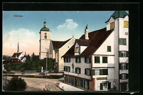 AK Gossau, Strassenpartie mit Blick auf die Kirche