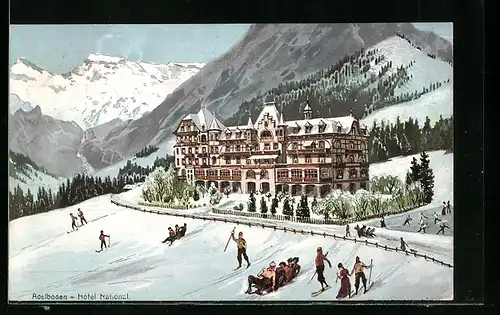 AK Adelboden, Das Hotel National im Winter, Wintersportler