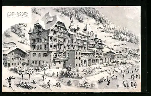 AK Adelboden, Wintersportler vor dem Hotel National