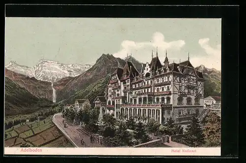 Lithographie Adelboden, Hotel National mit Feldern und Gebirge